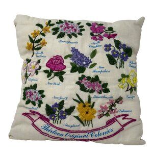 Thirteen Original Colonies Embroidered Pillow Vintage Floral Complete Crewel